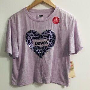 Levis women’s sequins heart crop top  glittery purple pull over.L
